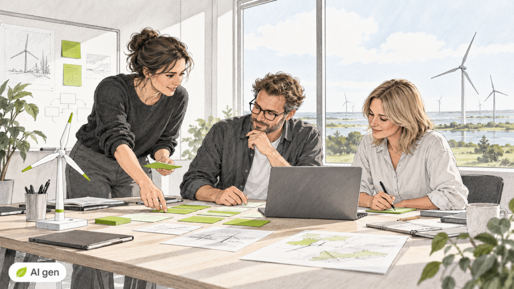 Illustration eines KI-Workshops: Drei Fachpersonen arbeiten gemeinsam mit Notizkarten, Unterlagen und Laptop an einem Tisch. Ein Modell einer Windenergieanlage steht daneben, weitere Windräder sind durch das Fenster zu sehen. Unten links befindet sich die Kennzeichnung „AI gen“.
